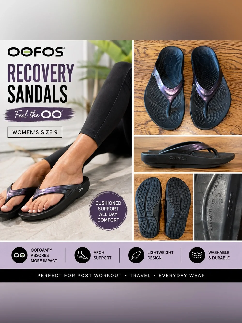 OOFOS Women’s OOriginal Metallic Purple Black Recovery Sandals Size 9